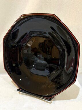 VTG Arcoroc France Black Glass Octagonal Soup Pasta Bowl Red Rim